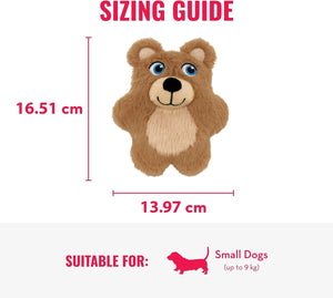 Sizing guide for a small brown plush dog toy, showing dimensions of 16.51 cm in height and 13 at Pet Servo