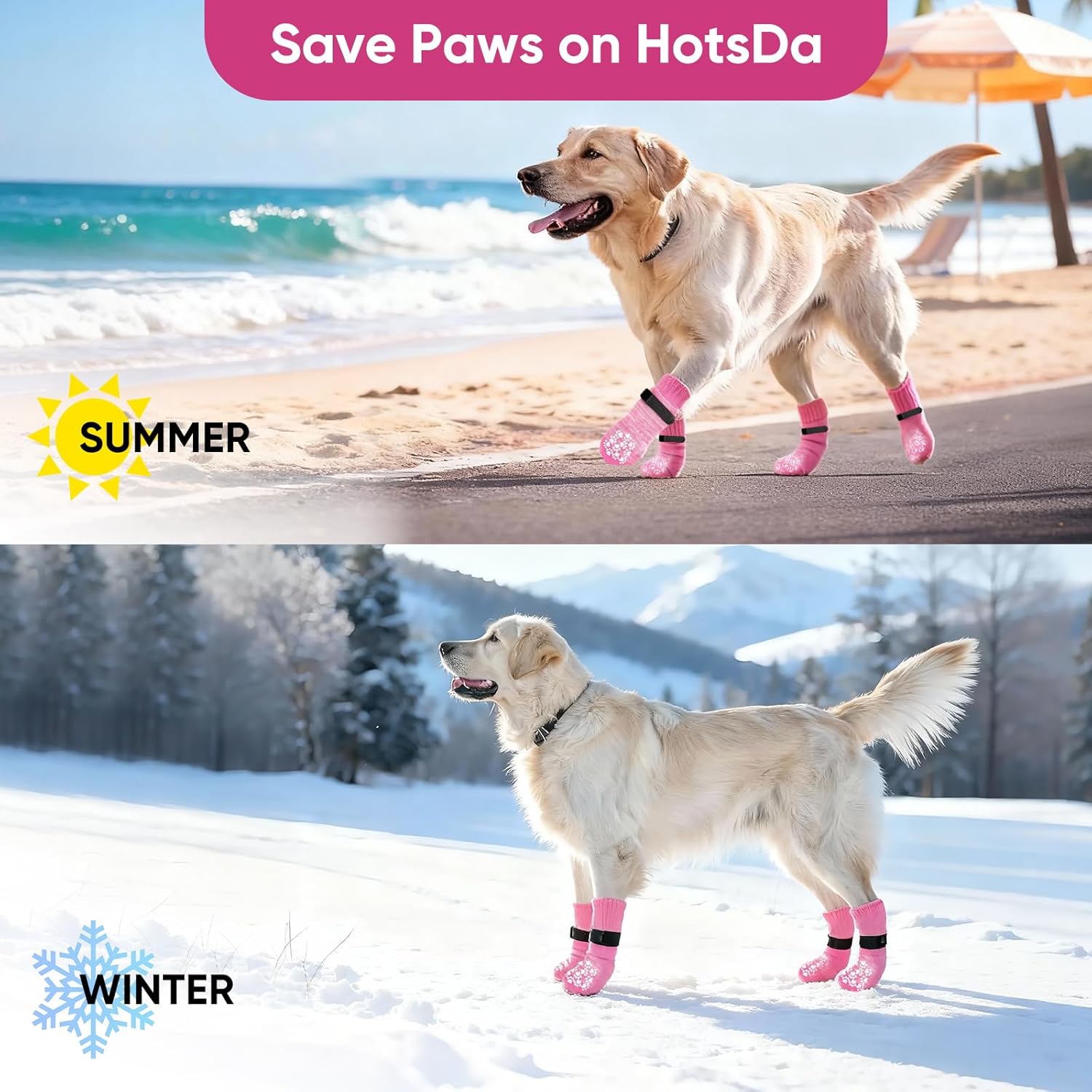 Dog wearing pink dog boots on a beach and snowy landscape with 'Save Paws on HotsDa' text at Pet Servo