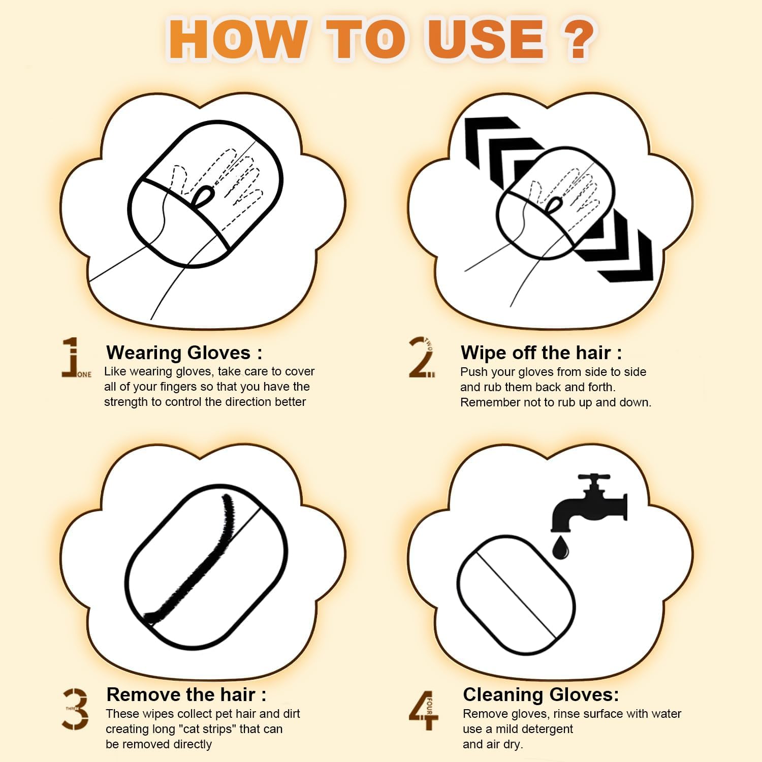 Instructions on how to use gloves for hair removal with illustrations and text at Pet Servo