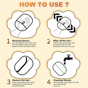 Instructions on how to use gloves for hair removal with illustrations and text at Pet Servo