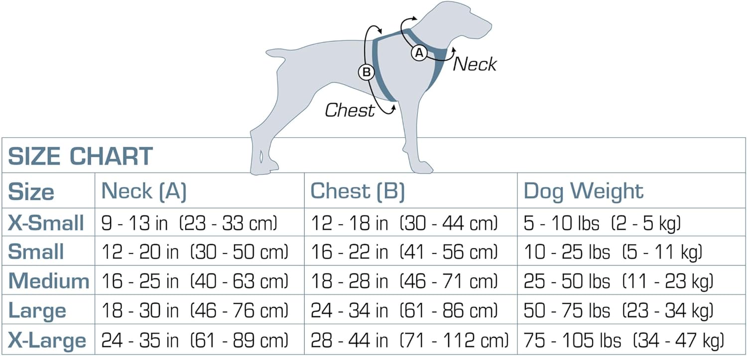 Dog size chart with measurements for neck, chest, and weight at Pet Servo
