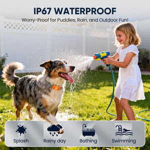 Child and dog playing with a water hose on a grassy area, with text about IP67 waterproof rating at Pet Servo
