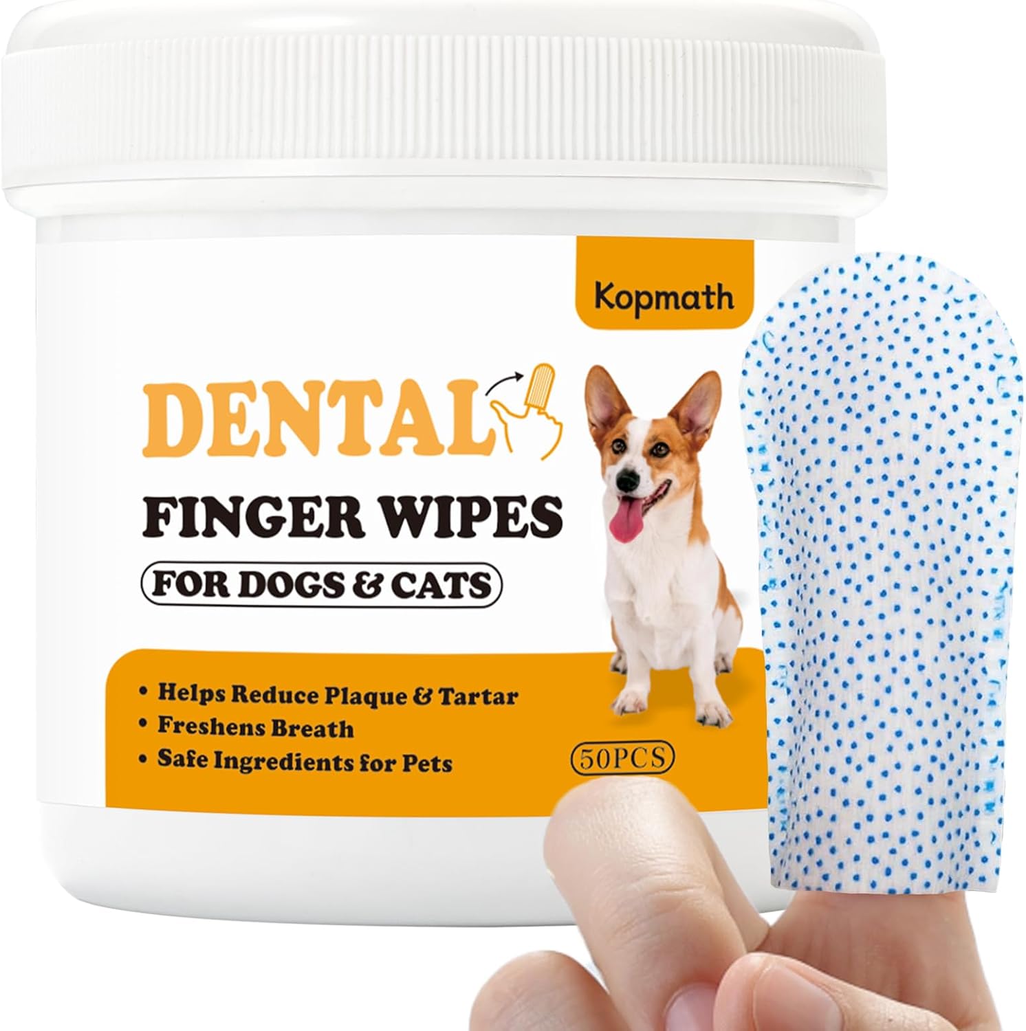 Kopmath dental finger wipes for dogs and cats with a dog illustration on a white background at Pet Servo