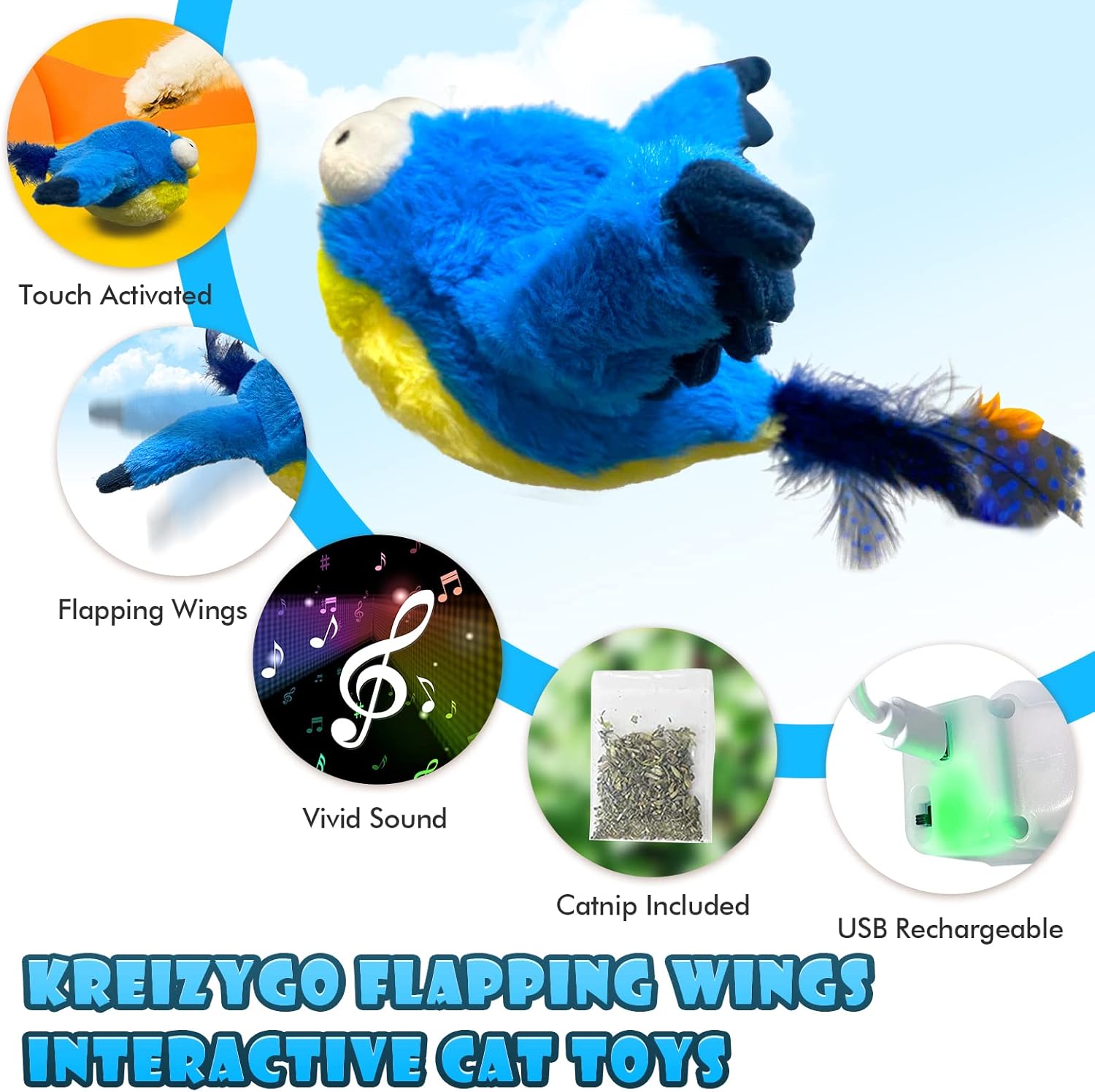 Blue and yellow flapping wings interactive cat toy with features highlighted on a light blue background at Pet Servo