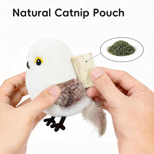 Catnip pouch shaped like a bird held by hands with text 'Natural Catnip Pouch' above at Pet Servo