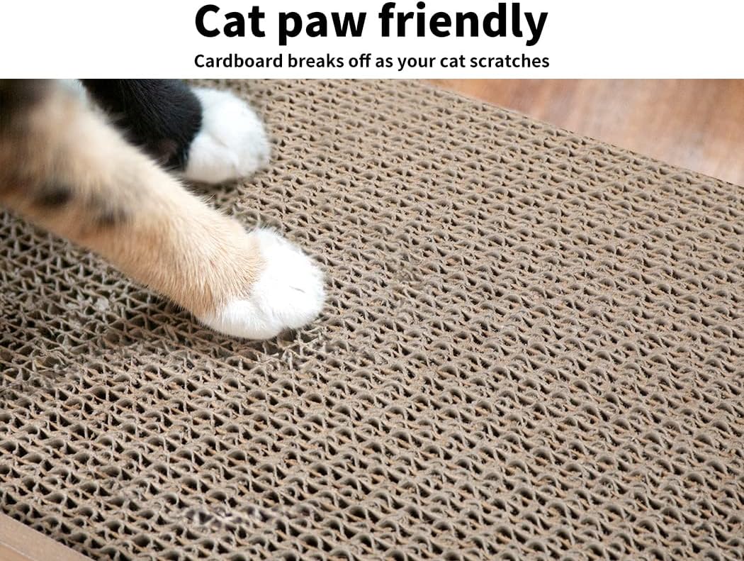 A close-up of a cat paw scratching on a textured brown cardboard cat scratcher, with text at the top reading 'Cat paw friendly' and 'Cardboard breaks off as your cat scratches' at Pet Servo