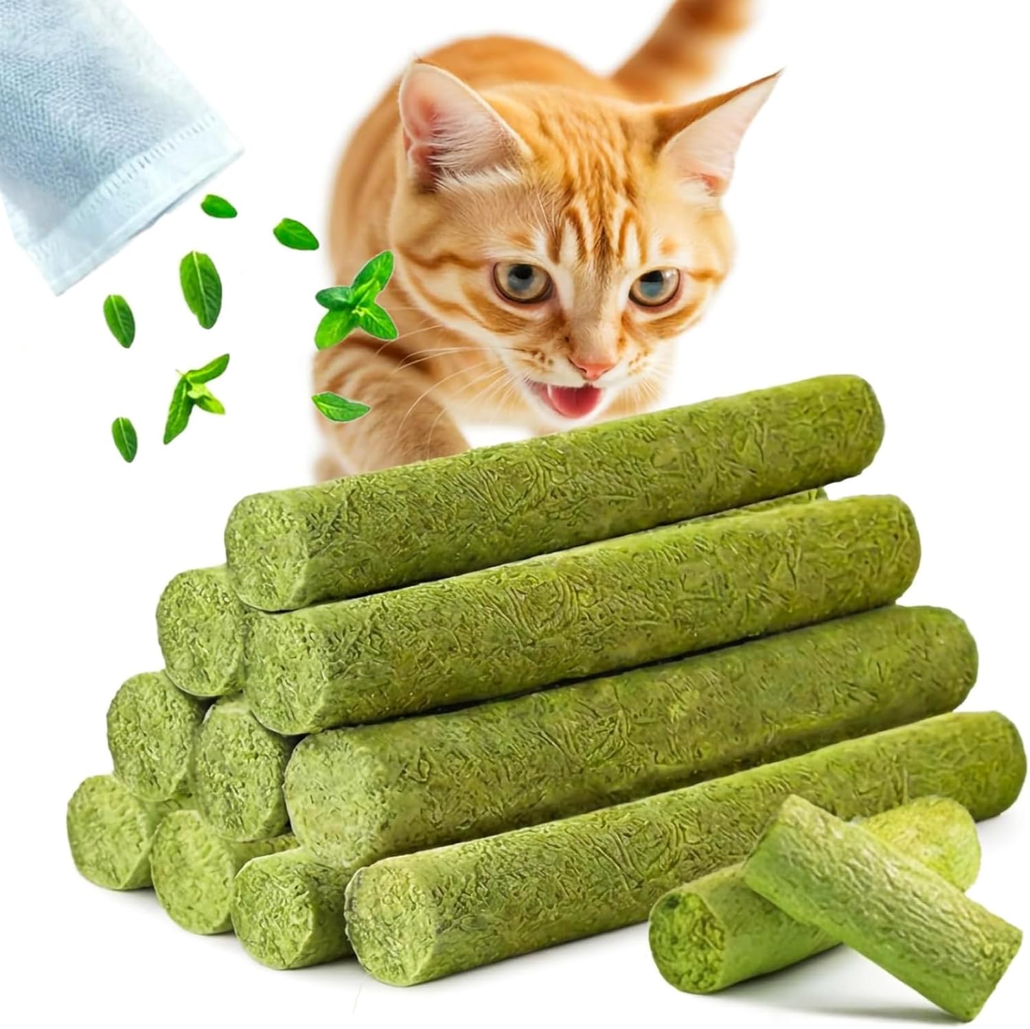Stack of green catnip rolls with a cat looking at them on a white background at Pet Servo