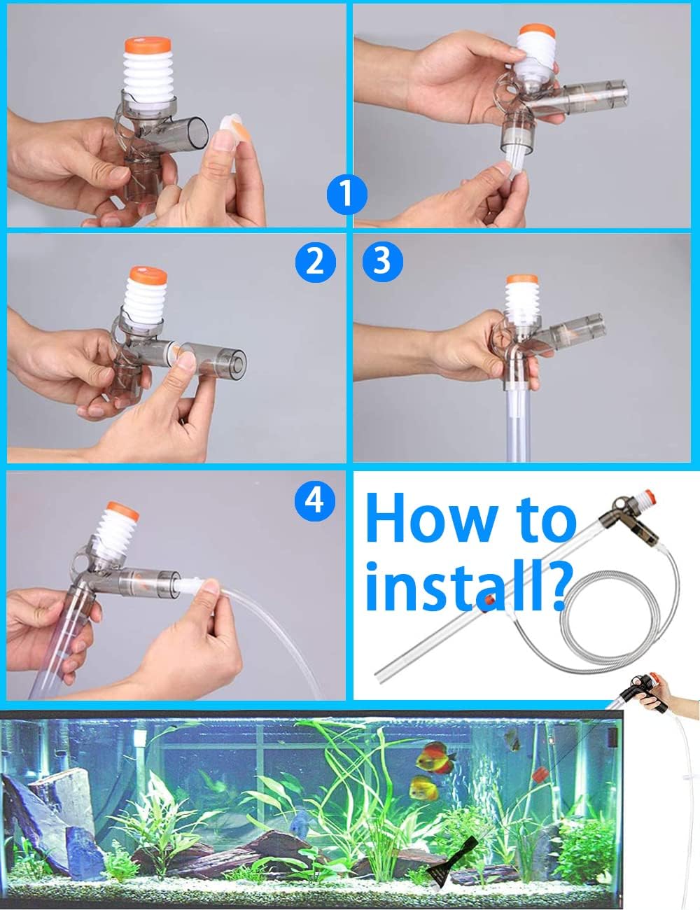 Step-by-step guide on how to install an aquarium water pump with close-up shots and a final scene of an aquarium at Pet Servo