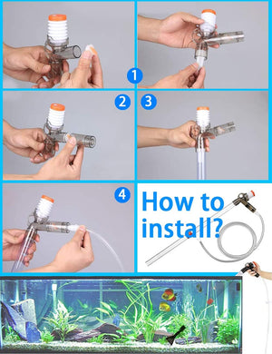 Step-by-step guide on how to install an aquarium water pump with close-up shots and a final scene of an aquarium at Pet Servo