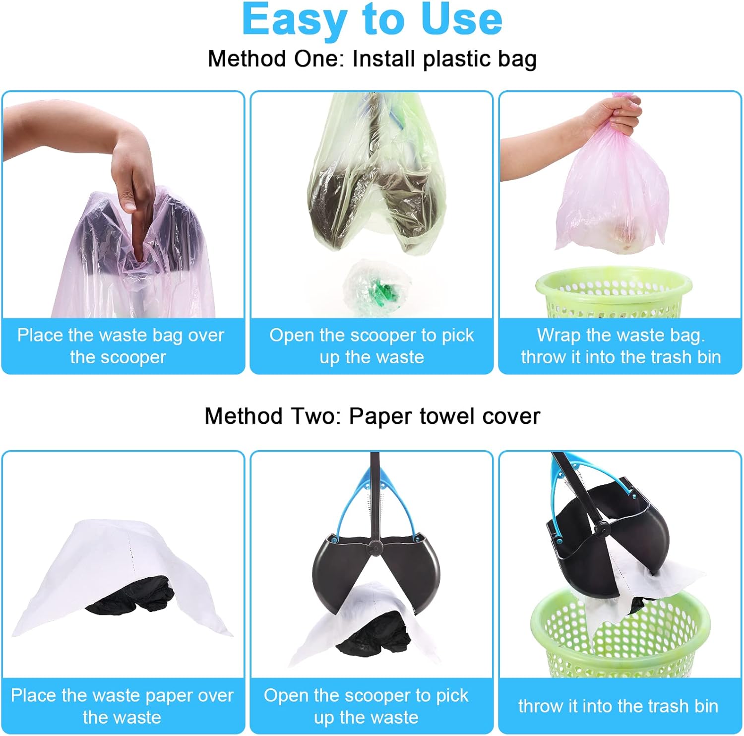 Instructions for using a waste disposal device with plastic bags and paper towel covers at Pet Servo