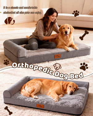 Woman and dog on an orthopedic dog bed with text highlighting comfort and suitability for all sizes.