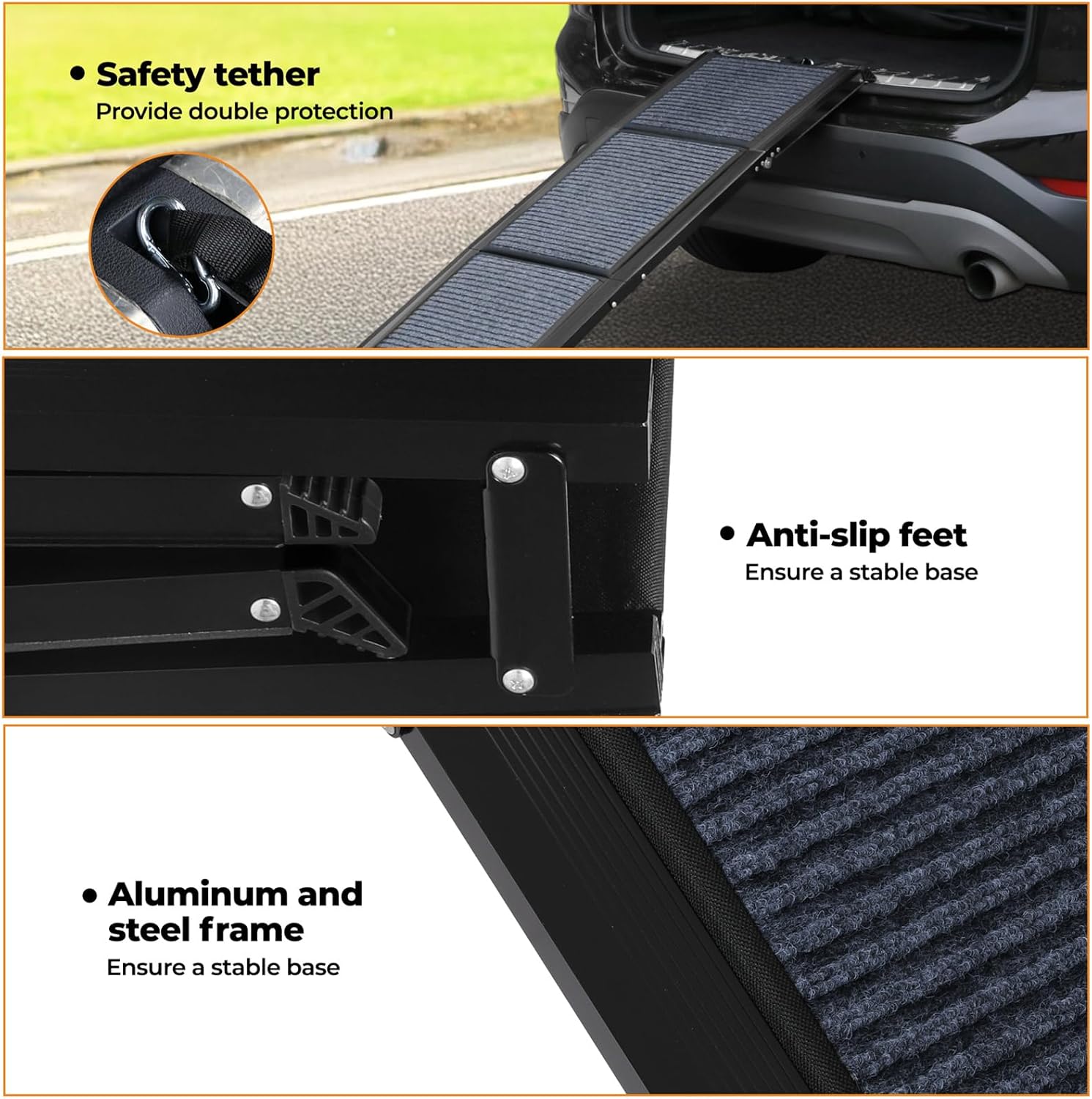 A three-panel product feature collage for a black pet car ramp. The top panel shows the ramp extended from a car trunk with a safety tether loop attached, labeled 'Safety tether Provide double protection at Pet Servo