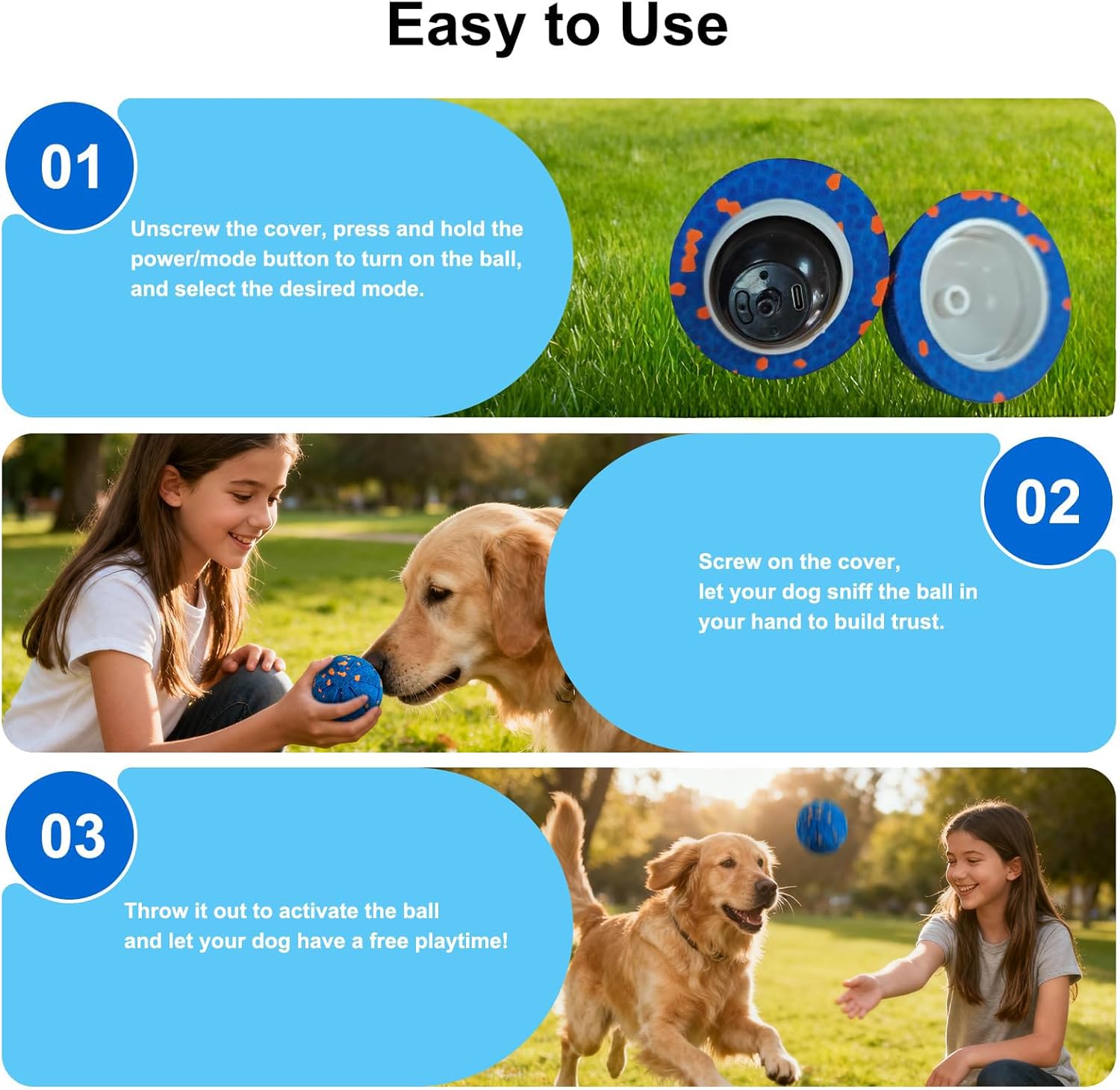 Instructions for using a dog toy with images of a girl and dog playing outdoors at Pet Servo