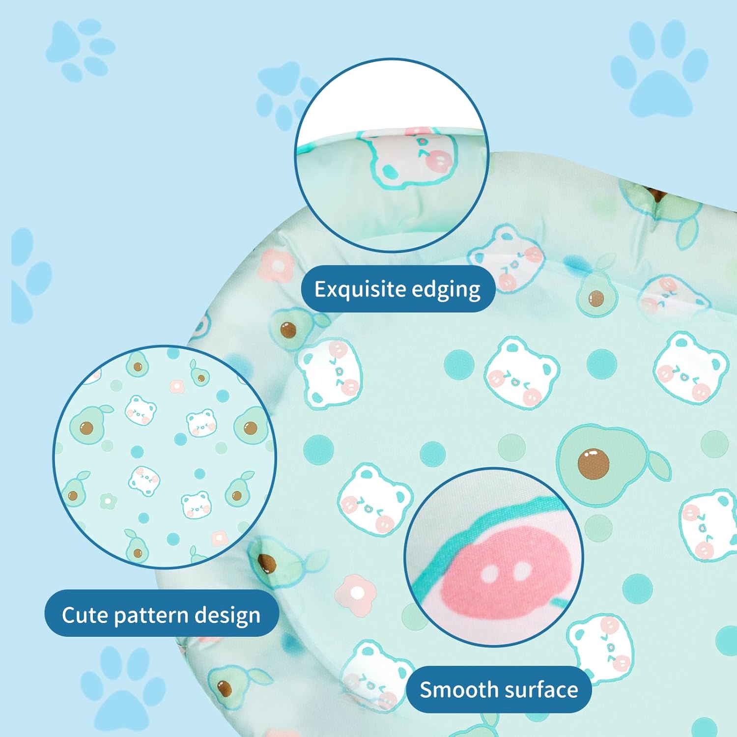 Product with cute pattern design, exquisite edging, and smooth surface on a blue background with paw prints at Pet Servo