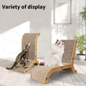 Two curved cat scratcher towers with natural jute-wrapped surfaces and light wood frames, shown in a bright room with two cats using them. One cat is standing and scratching on the left tower, and the other is sitting on the right tower at Pet Servo