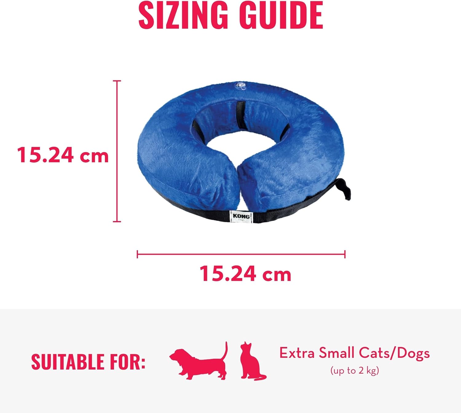 Blue inflatable neck collar with measurements and suitability for small pets on a white background at Pet Servo