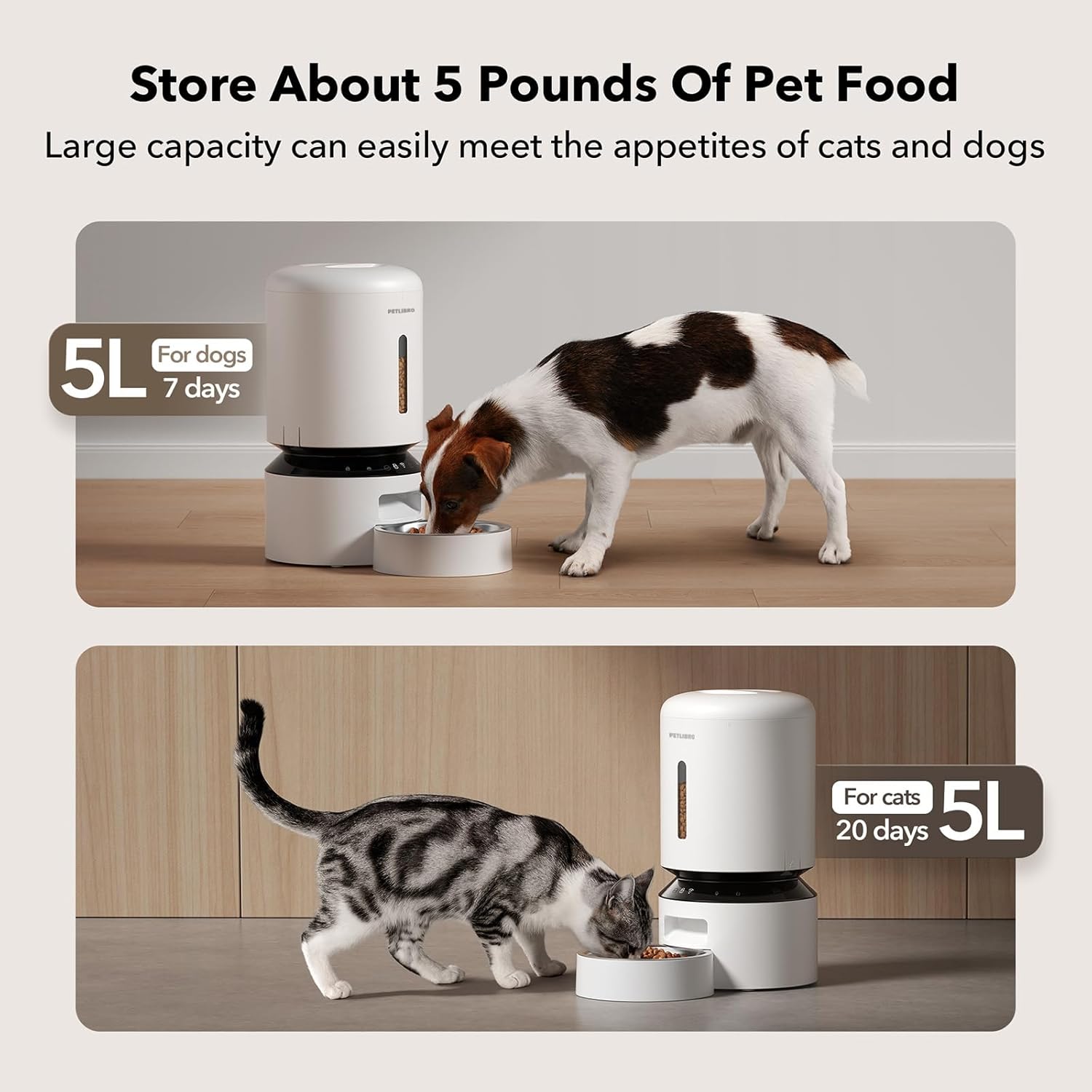 Pet food dispenser with text indicating capacity and usage for dogs and cats.