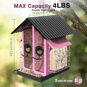 Bird feeder with pink and black design, showing measurements and capacity details at Pet Servo