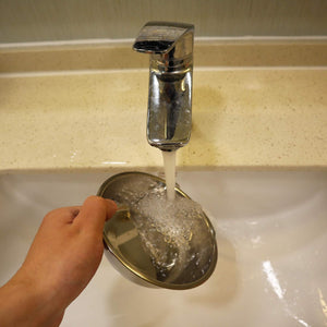 Hand washing a metal soap dish under running water from a faucet at Pet Servo