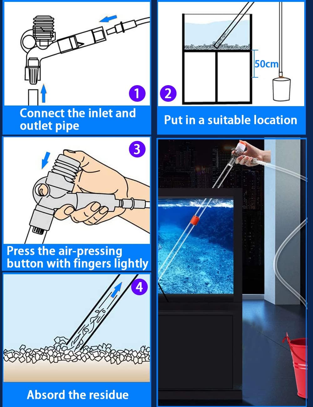 Step-by-step guide on using an aquarium cleaning tool with illustrations and text instructions at Pet Servo