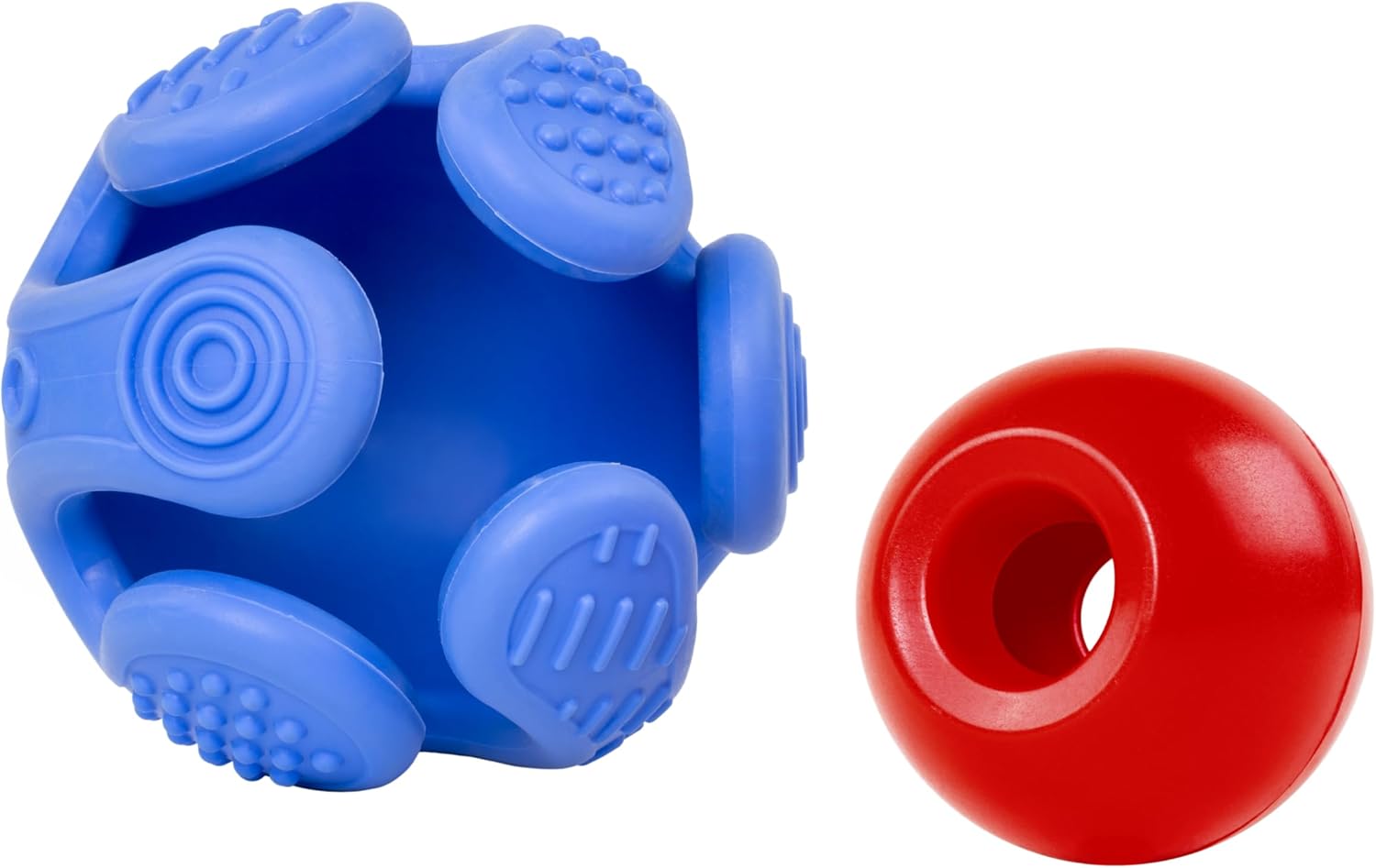 Blue and red textured ball toys on a white background at Pet Servo