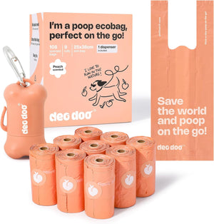 A set of peach-colored disposable poop ecobags with a matching dispenser and packaging box, displayed on a clean white background. The packaging features a cartoon dog and the brand name 'dec doo' at Pet Servo