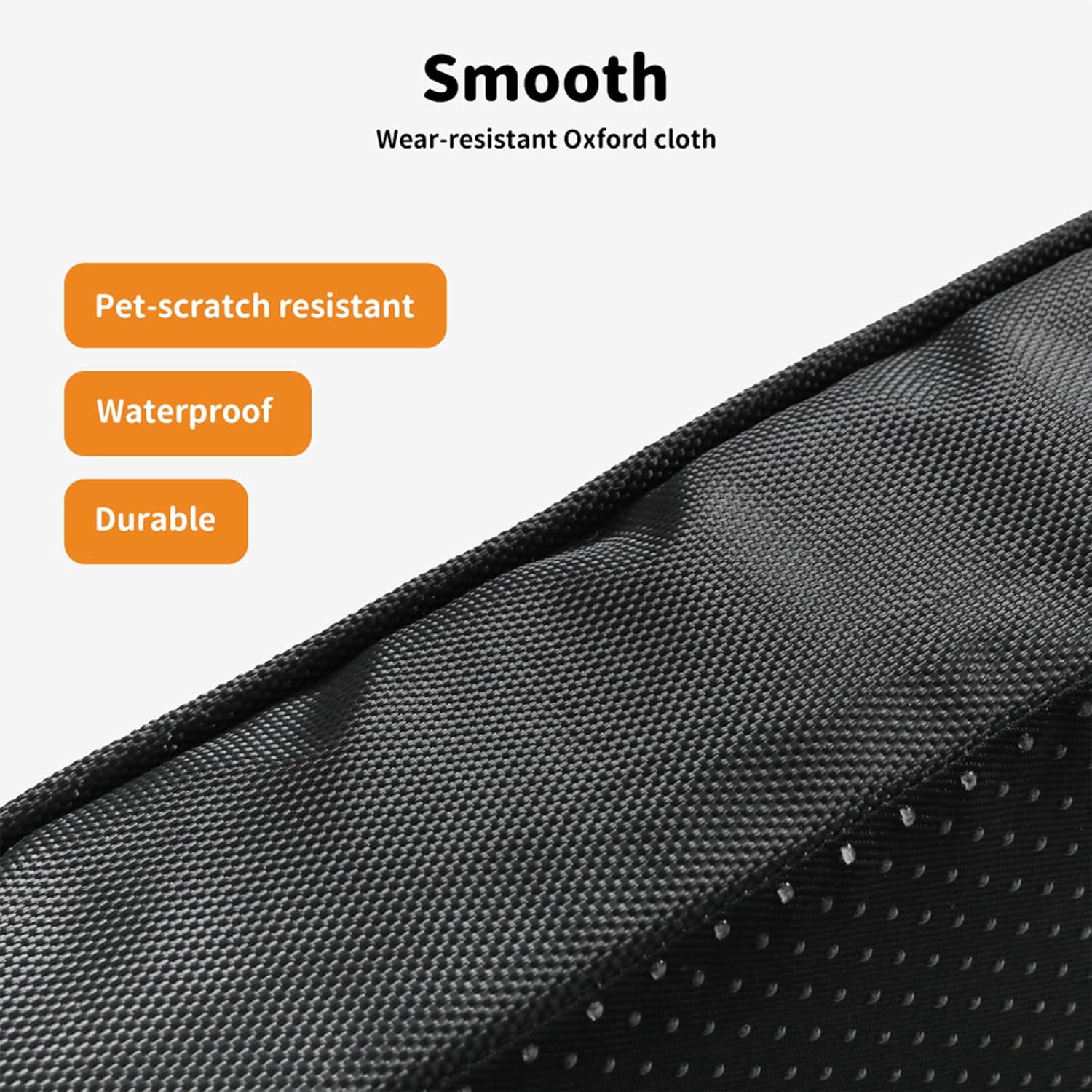 Black textured fabric with features listed on a white background at Pet Servo