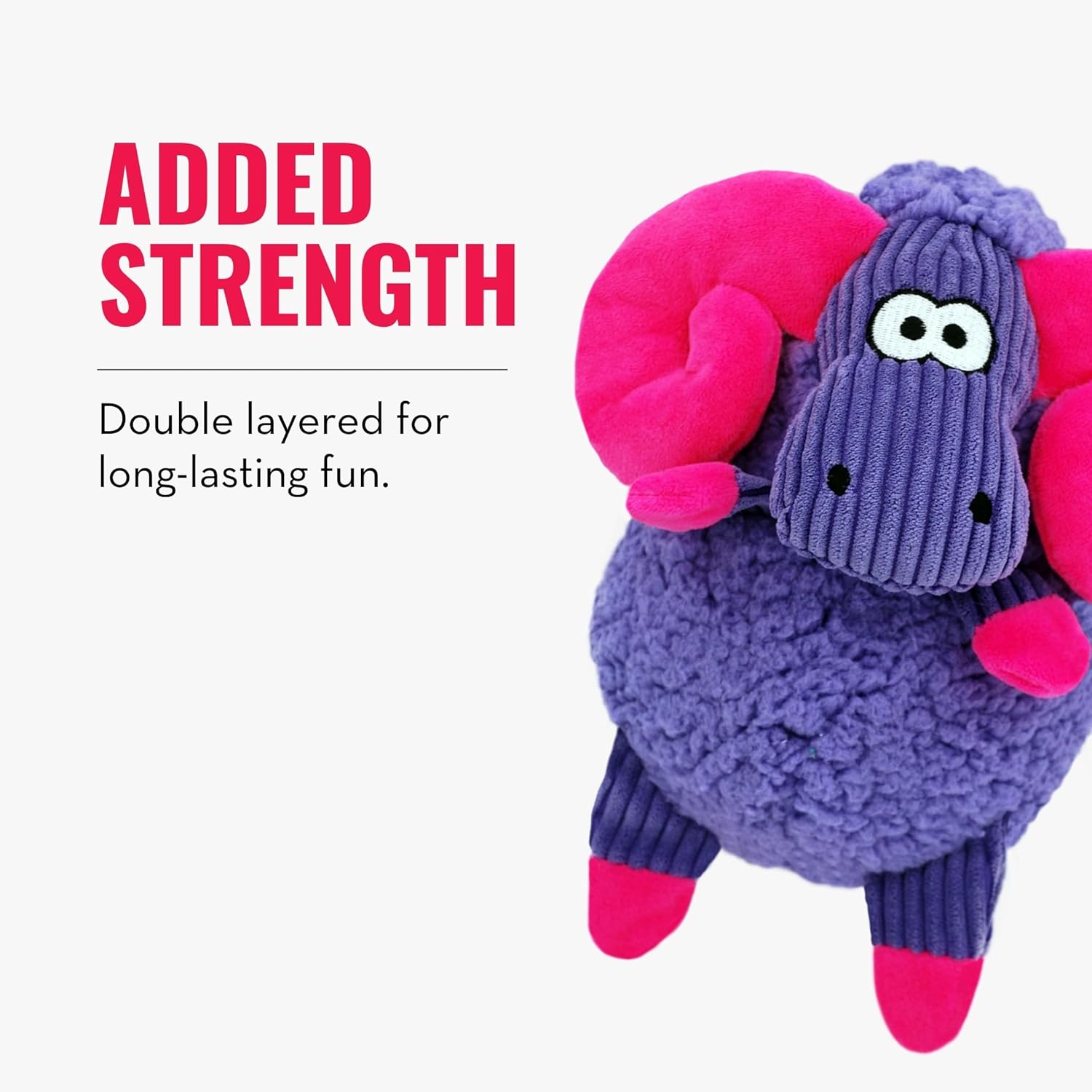 Purple and pink toy with text about added strength on a white background at Pet Servo