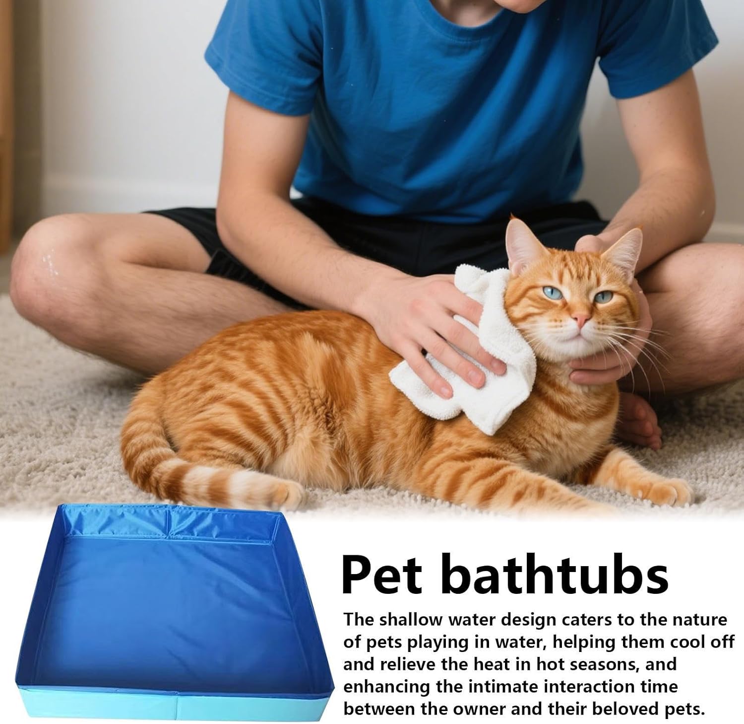 Person sitting with a cat using a towel, with a pet bathtub displayed below at Pet Servo