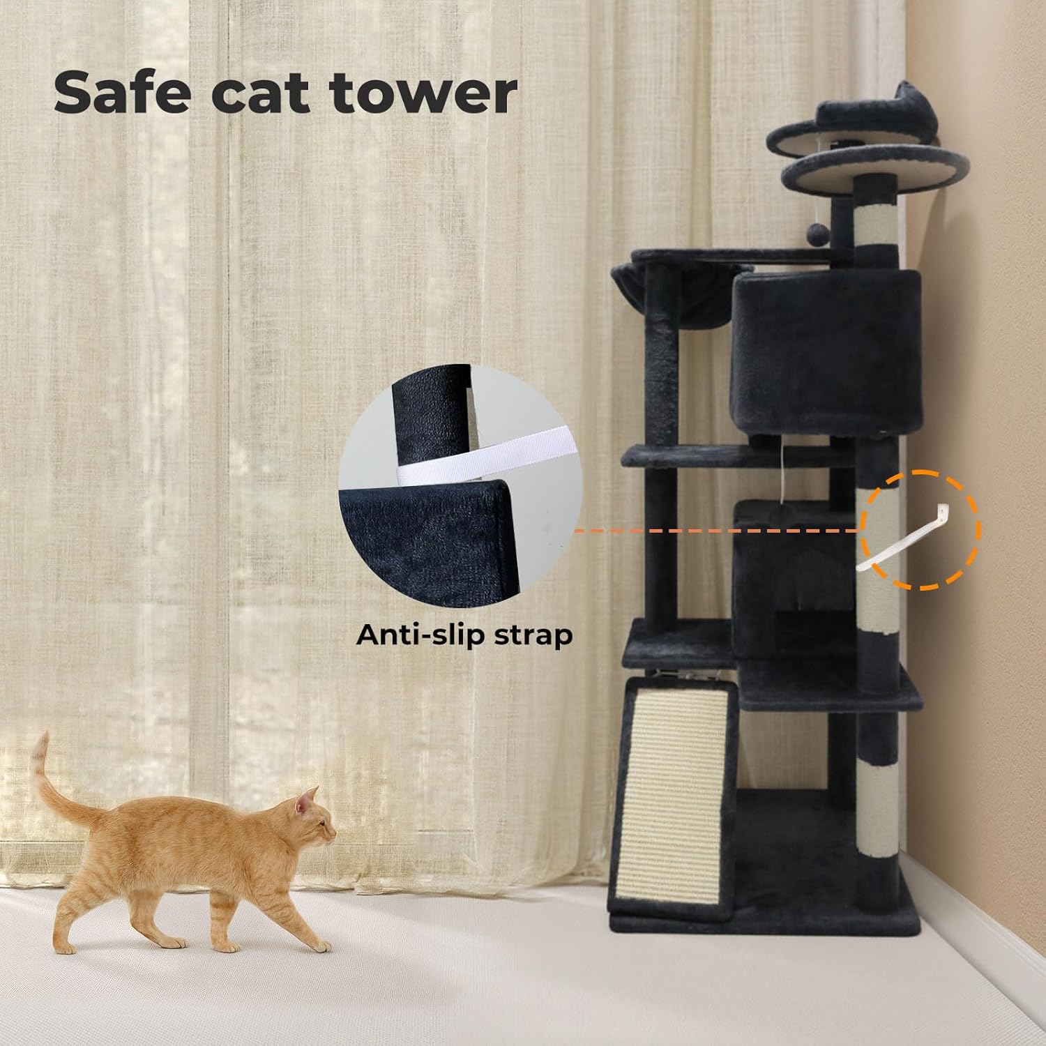 A tall black cat tower with cream-colored accents stands in a room corner beside a beige curtain. A ginger cat walks across the floor nearby, and the image includes text callouts reading 'Safe cat tower' and 'Anti-slip strap' with circular close-ups of the strap detail at Pet Servo