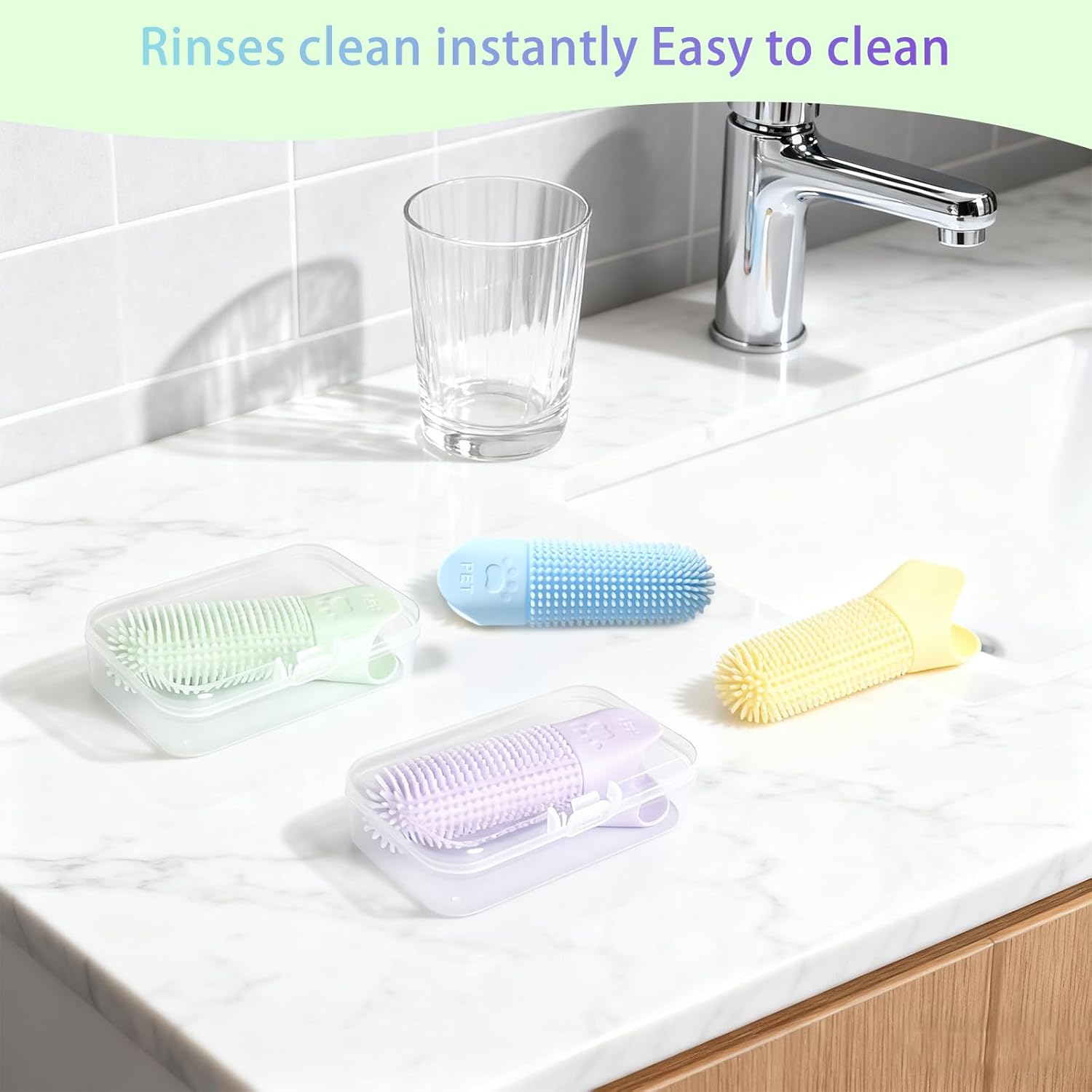 Cleaning tools on a kitchen counter with text 'Rinses clean instantly Easy to clean' above at Pet Servo