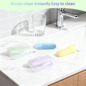 Cleaning tools on a kitchen counter with text 'Rinses clean instantly Easy to clean' above at Pet Servo
