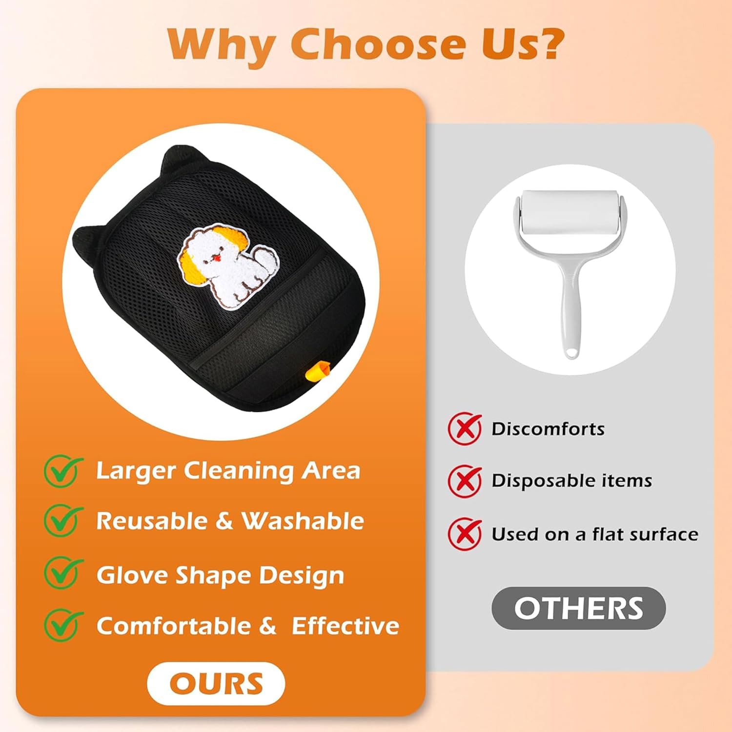 Product advertisement with glove and cleaning tool, highlighting features on an orange and gray background at Pet Servo
