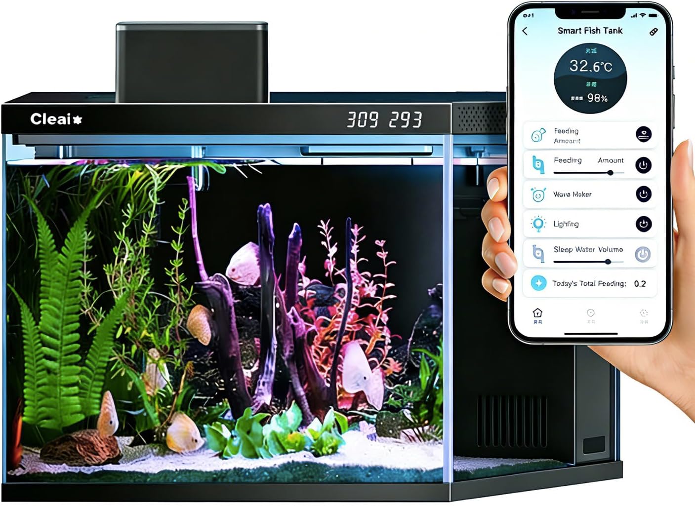 Smart fish tank with digital display and smartphone app control at Pet Servo
