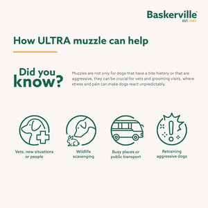 Baskerville Ultra Muzzle advertisement with icons and text on a white background