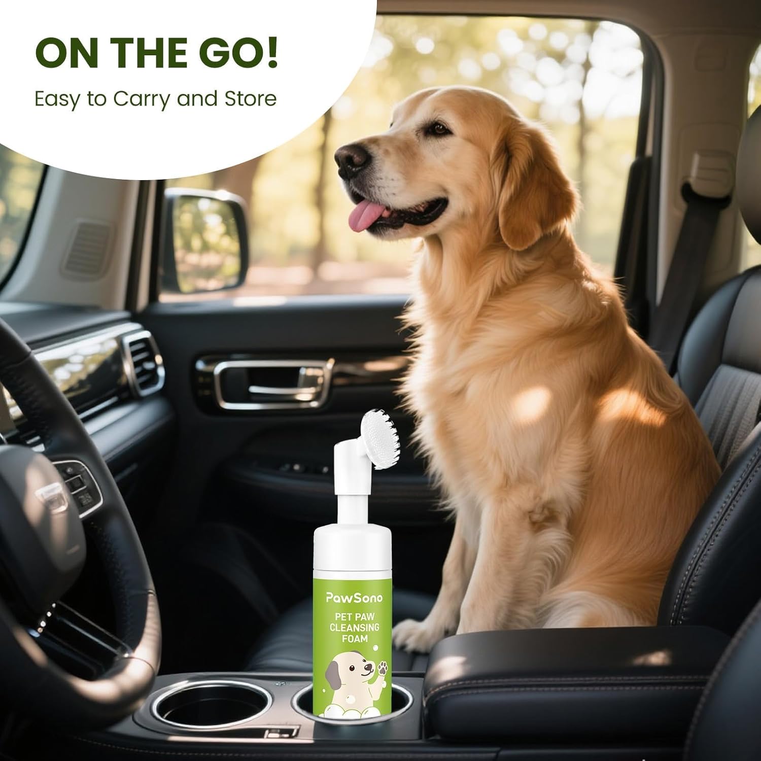 Dog sitting in a car with a bottle of PawSano Pet Paw Cleaning Foam on the cup holder at Pet Servo