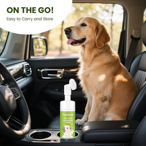 Dog sitting in a car with a bottle of PawSano Pet Paw Cleaning Foam on the cup holder at Pet Servo