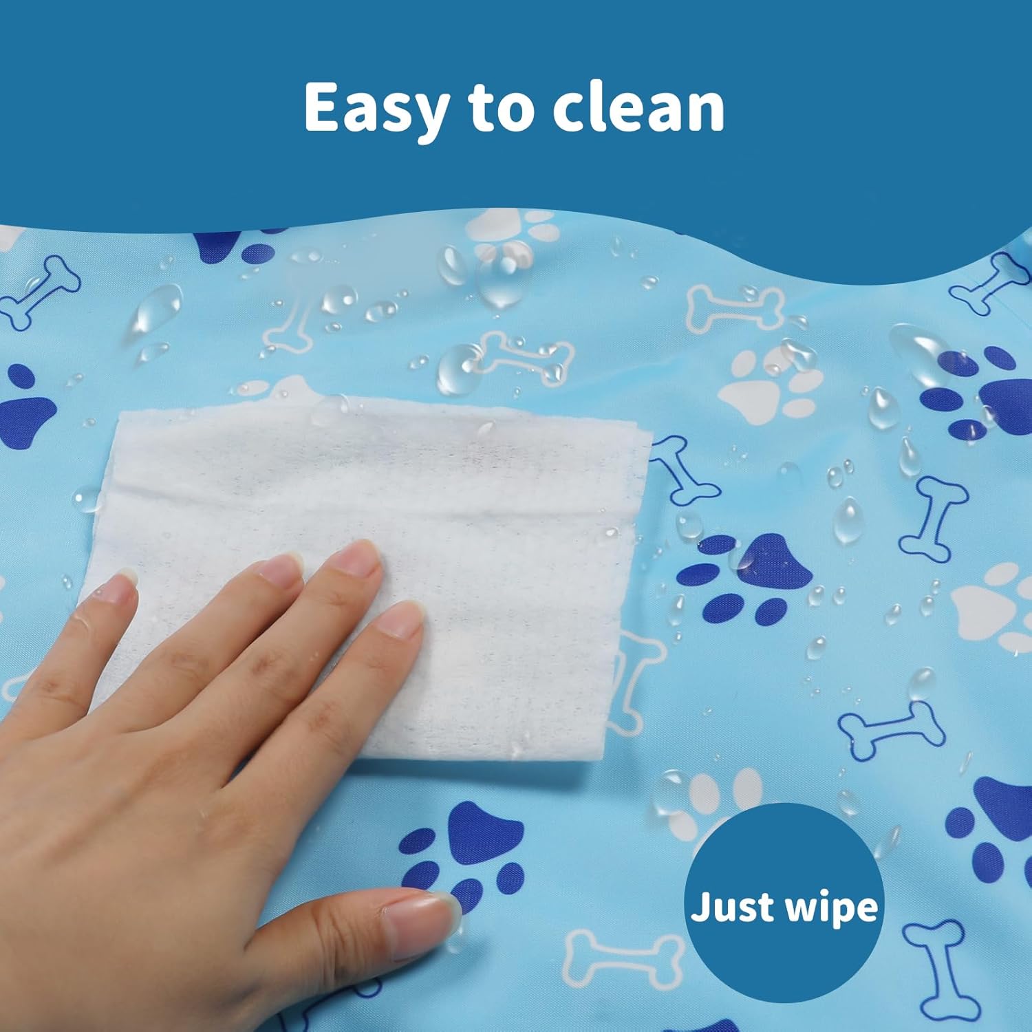 Hand wiping a blue mat with paw and bone patterns, text 'Easy to clean' and 'Just wipe' at Pet Servo