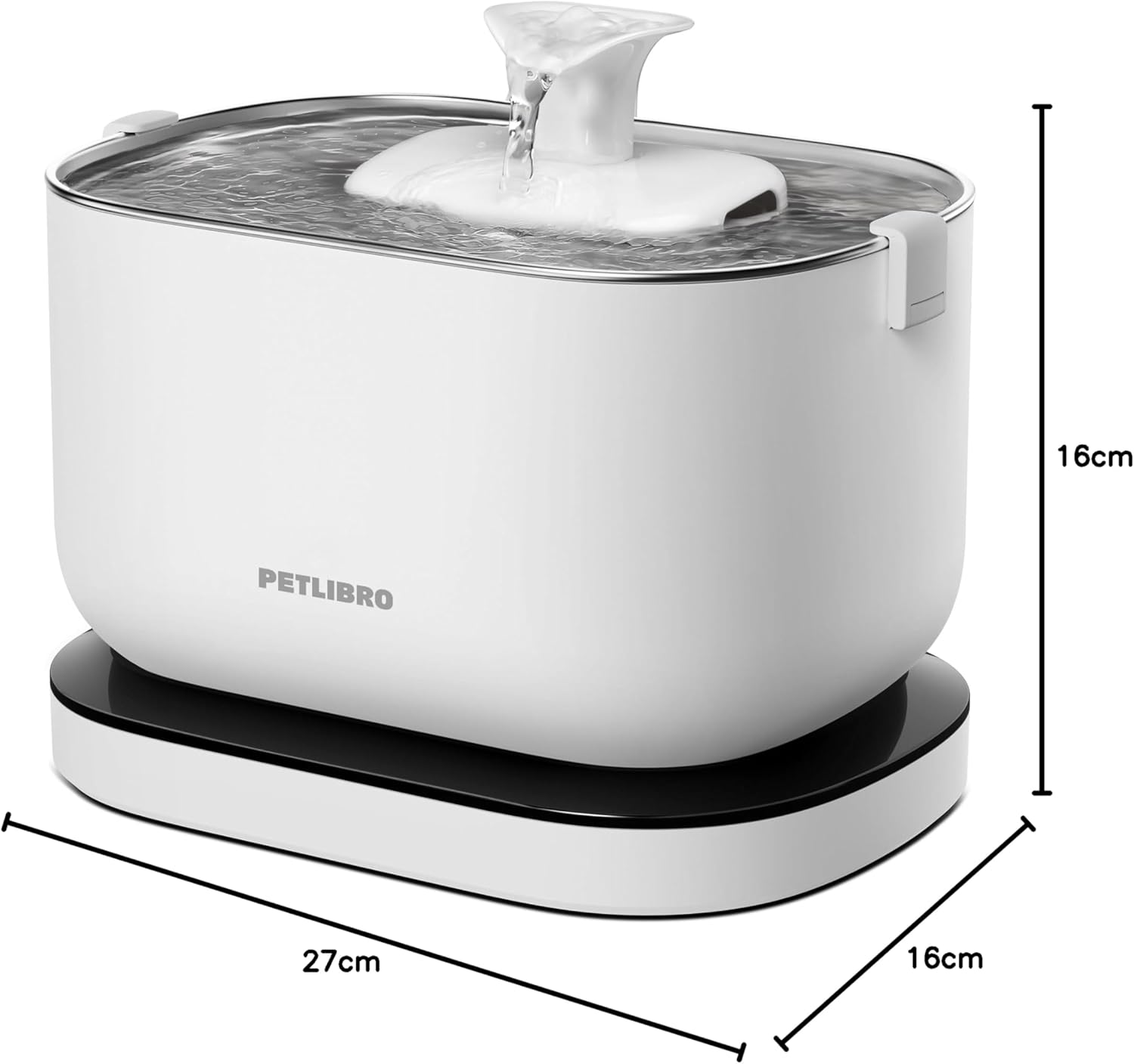 White pet water fountain with dimensions labeled on a white background