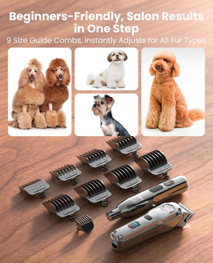 Dog grooming tool set with comb attachments on a wooden surface, featuring text about salon-quality results at Pet Servo