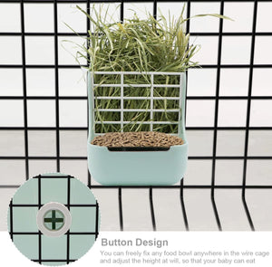 Pet grass feeder with wire cage and button design on a grid background at Pet Servo