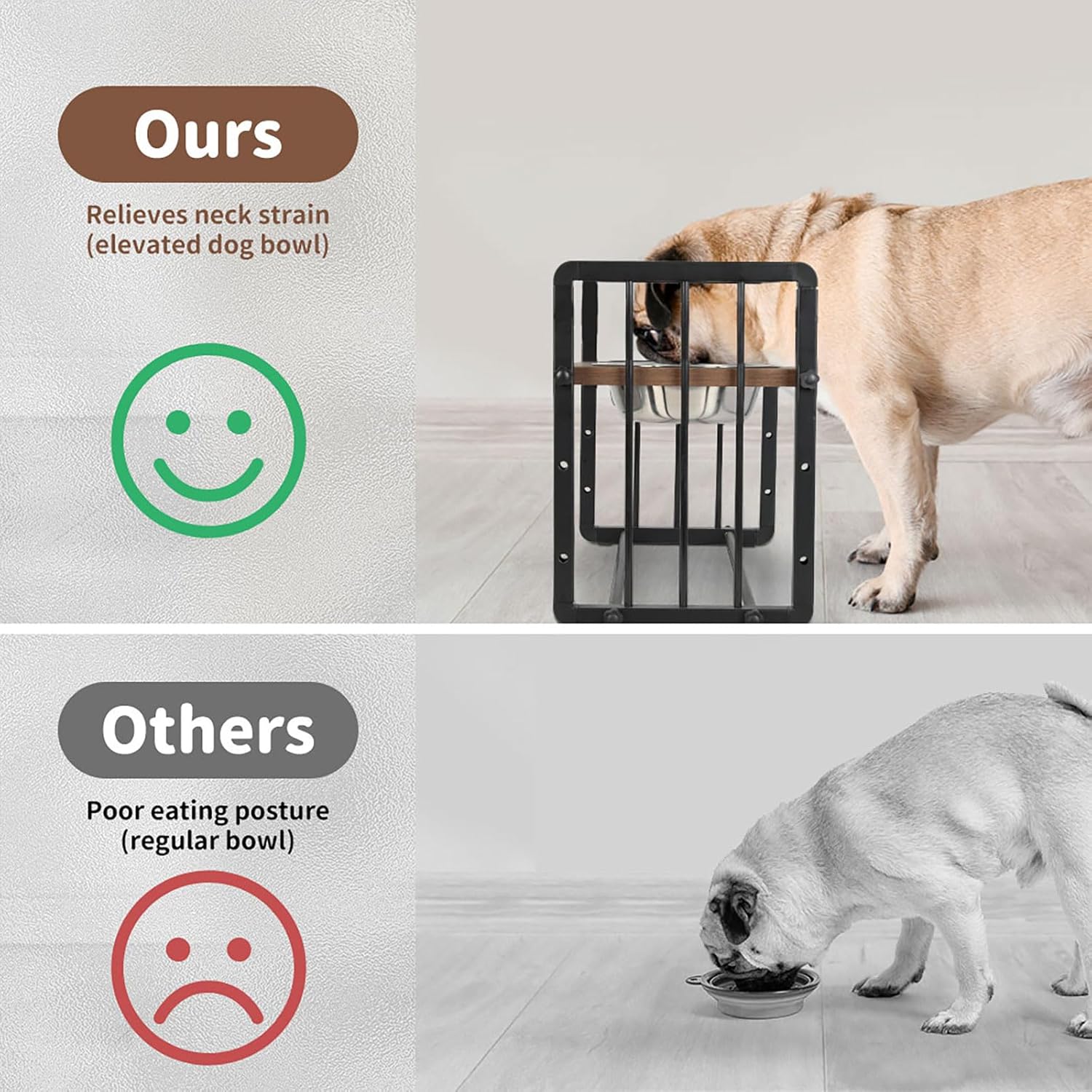 A split comparison graphic showing a dog elevated on a black metal crate-style feeder labeled 'Ours' with a green smiley icon, versus a dog eating from a regular bowl labeled 'Others' with a red sad face icon at Pet Servo