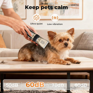 A small Yorkshire Terrier dog sits on a table while a person uses a pet clipper to groom its fur. The scene is set in a cozy living room with a sofa and framed wall art in the background at Pet Servo