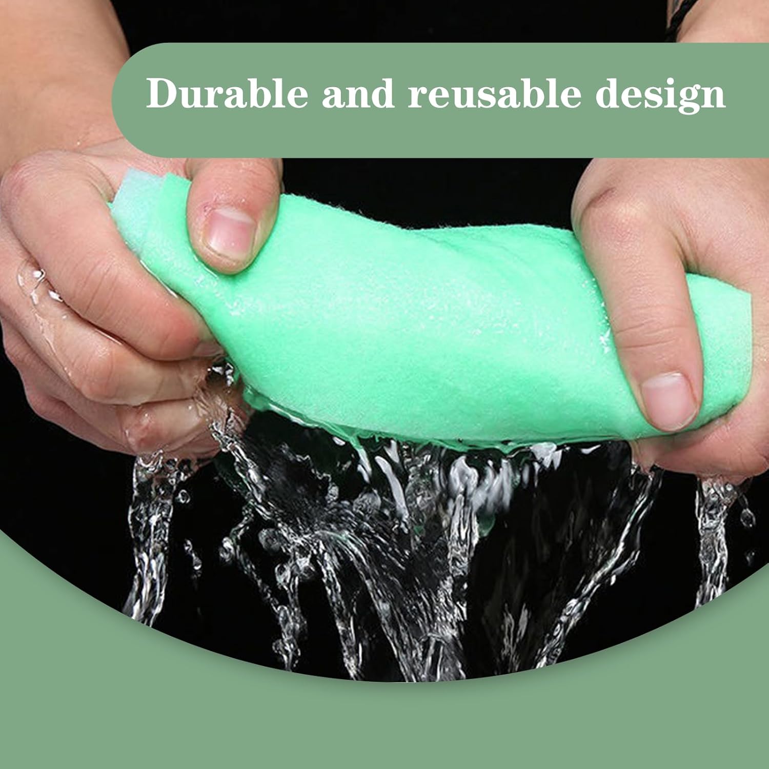Green sponge being squeezed with water splashing out, text 'Durable and reusable design' at the top at Pet Servo