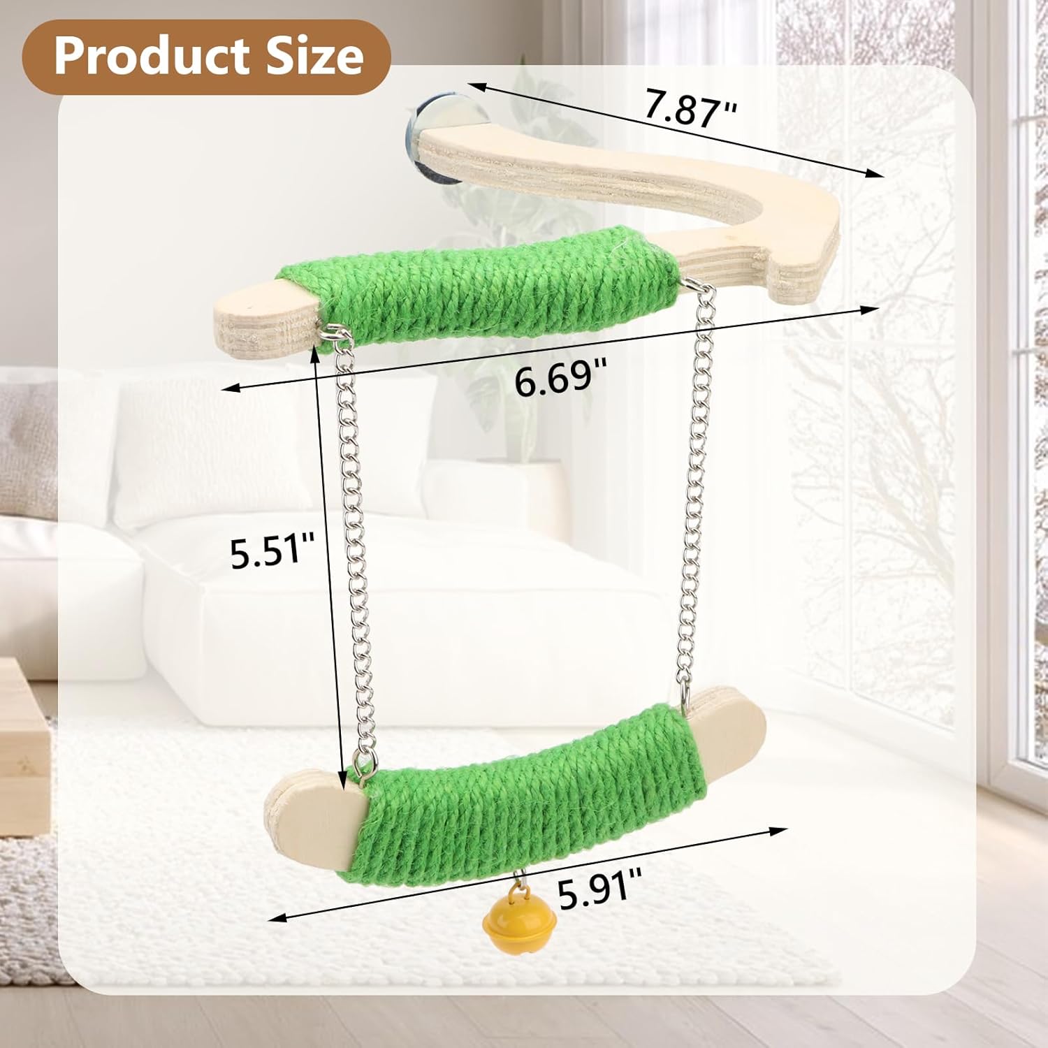 Cat climbing toy with green platforms and chains, shown with measurements on a white background at Pet Servo