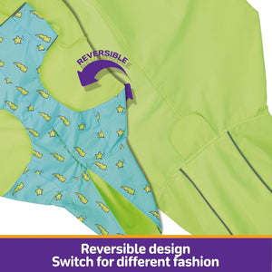 Green and blue reversible jacket with a switch label on a white background at Pet Servo