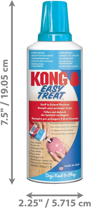 Kong Easy Treat dog training spray can with blue cap and blue/red label, shown on a white background with dimension arrows and measurements 7.5 inches tall and 2 at Pet Servo
