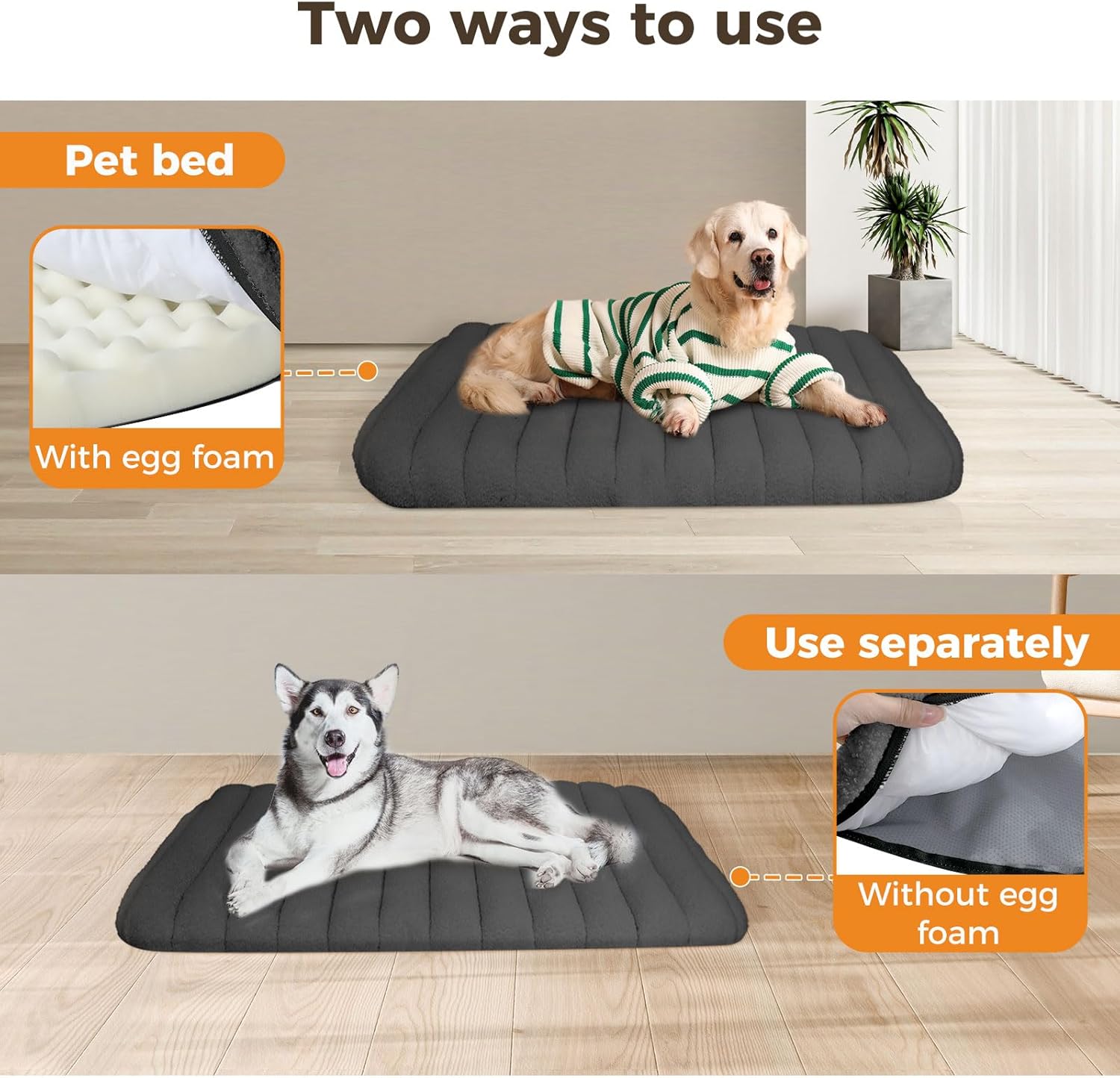 Pet bed with two usage scenarios shown, one with egg foam and one without, on a wooden floor at Pet Servo