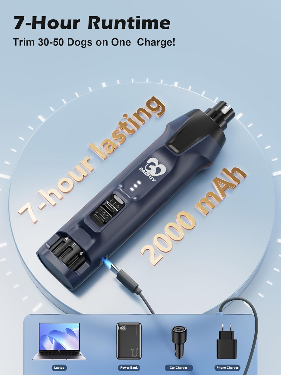 Pet grooming tool with charging cable on a light blue background, highlighting 7-hour runtime and 2000mAh capacity at Pet Servo