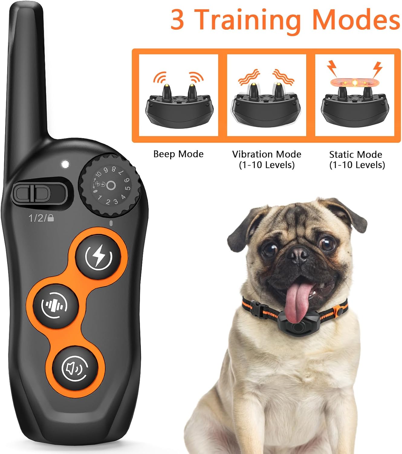 Dog training remote control with a pug wearing a collar, showing 3 training modes at Pet Servo